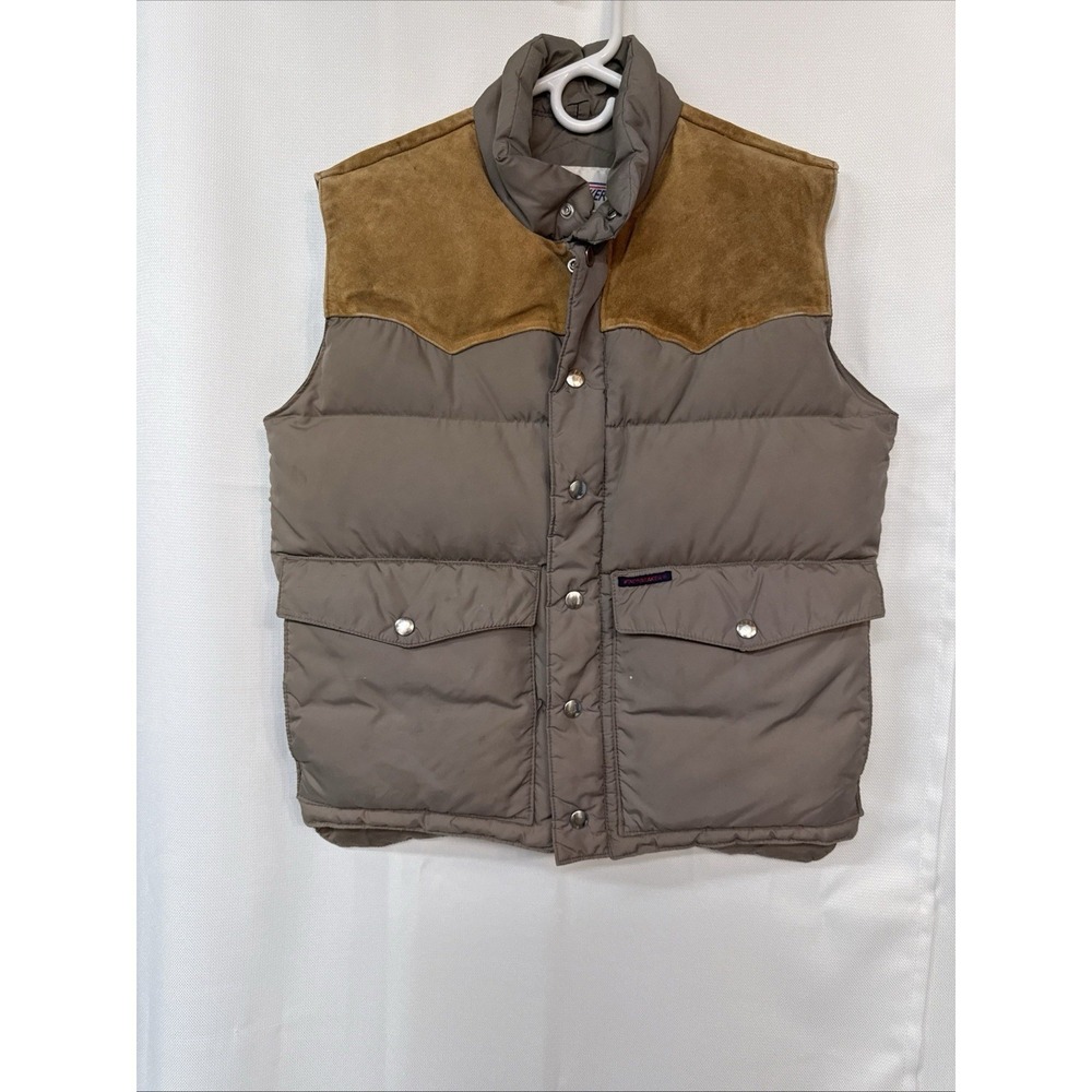 VTG Windbreaker Mountain Men's Sz S Leather & Nylon Goose Down Khaki Puffer Vest